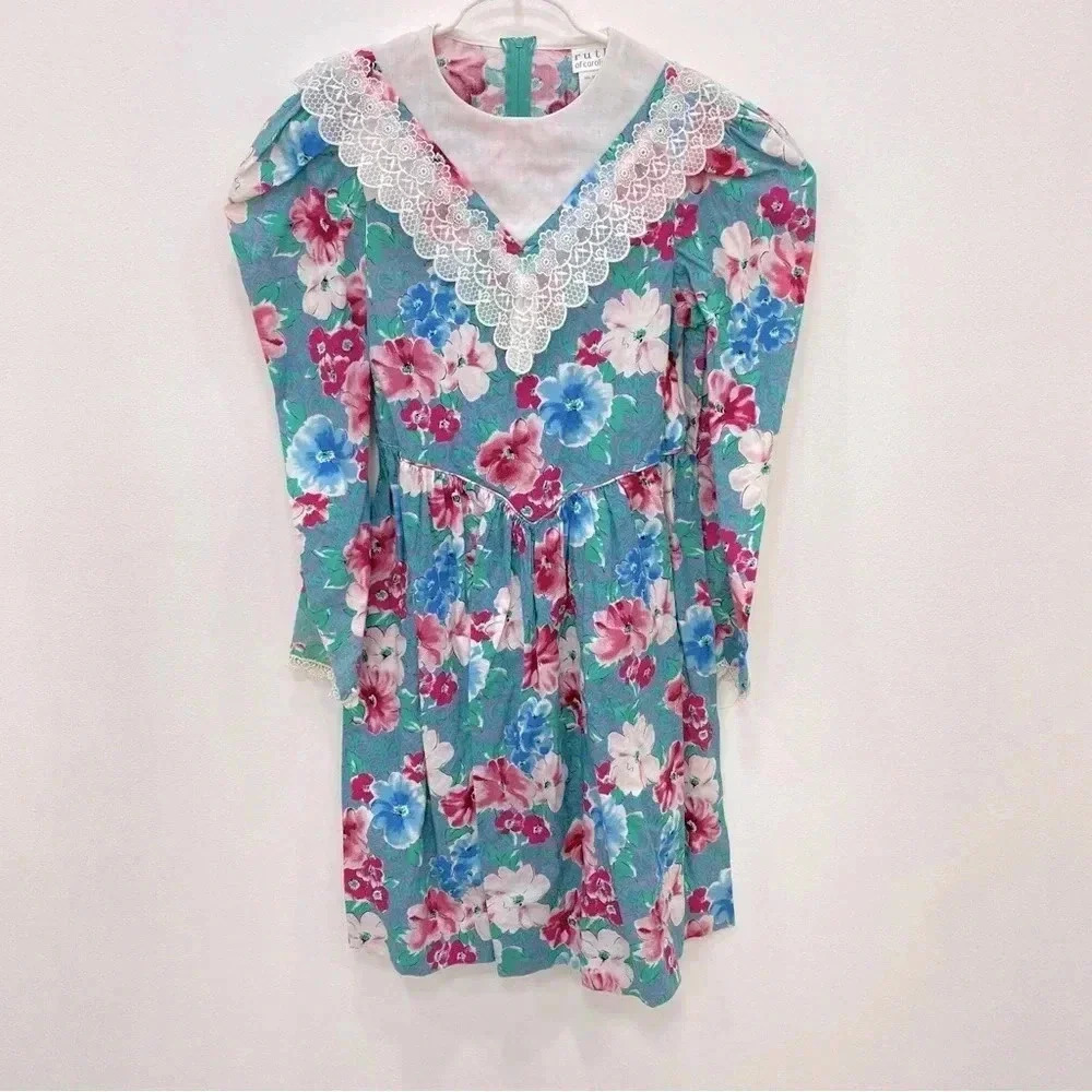 Vintage girls 1980s Ruth of Carolina Floral Bouquet Dress 100% cotton Sz 12